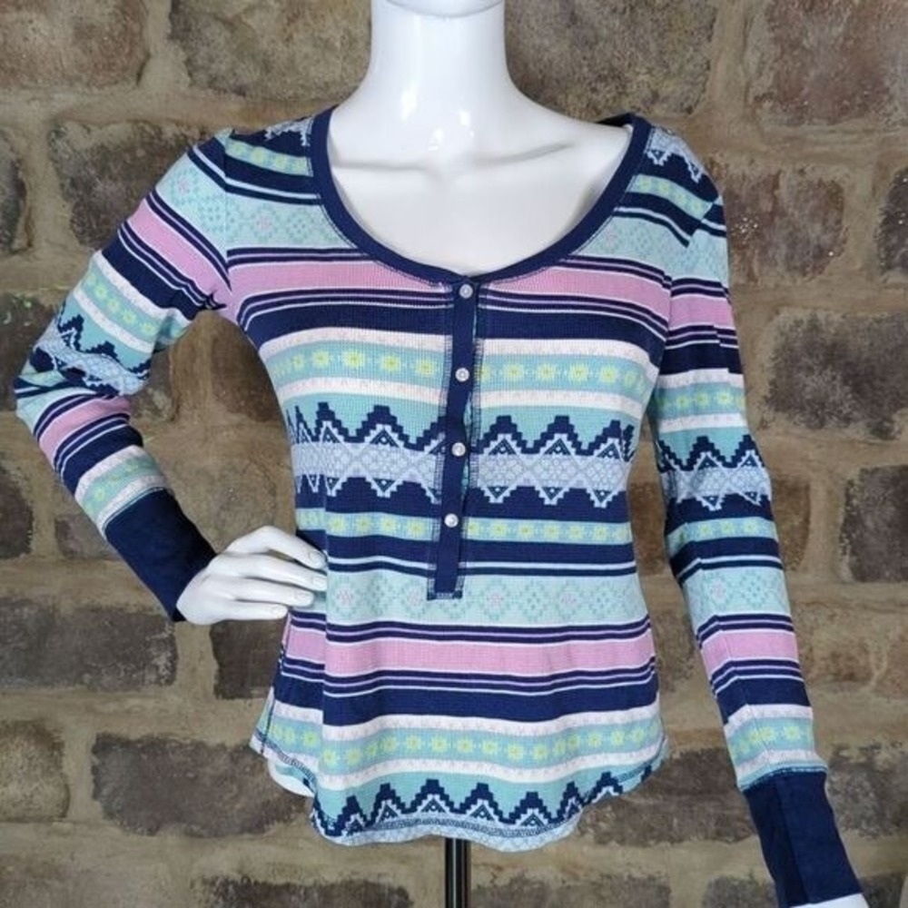 Victoria's Secret Blue Pink Fair Isle Waffle Knit Thermal Henley‎ Pajama Top Sm